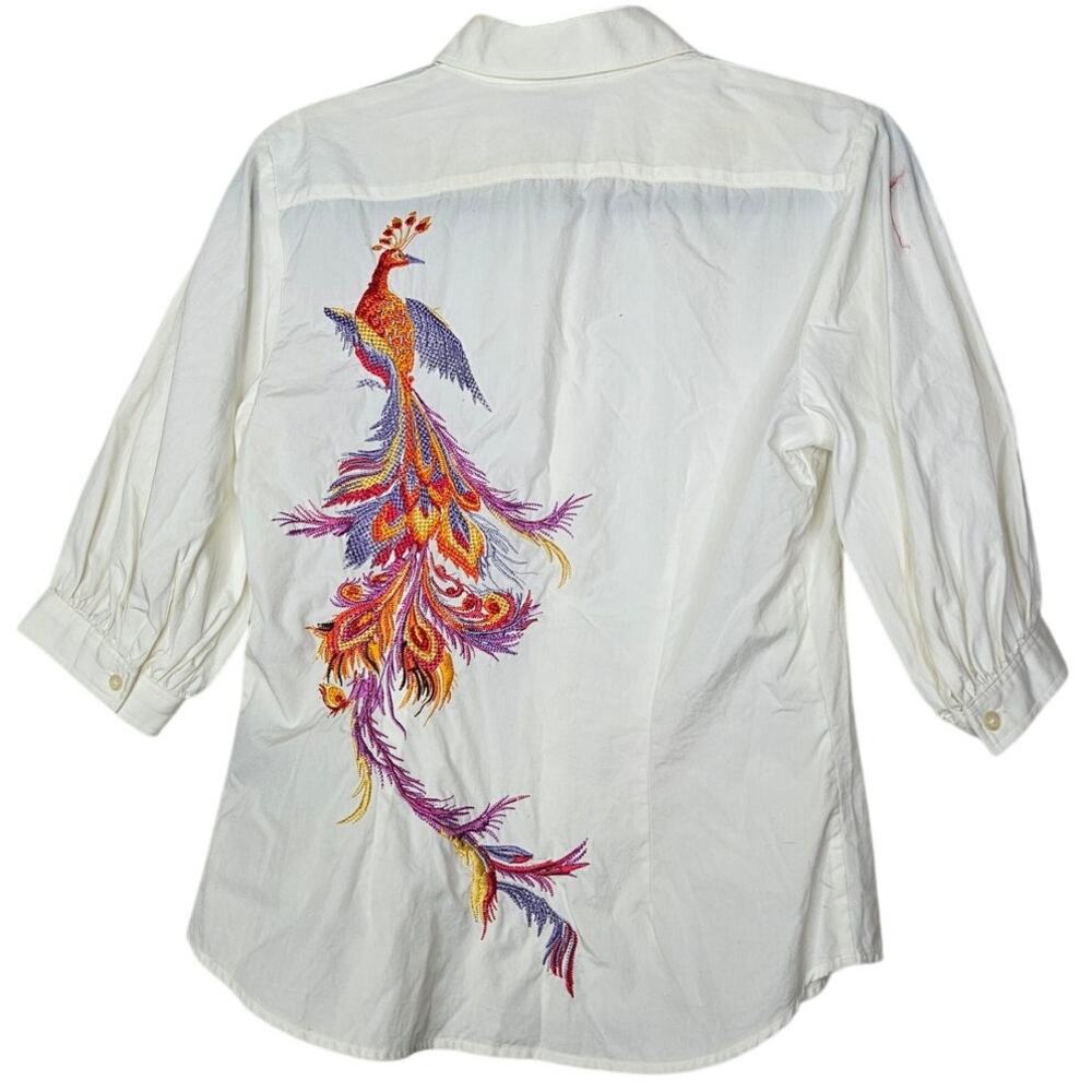 Lauren Ralph Lauren Sz XS White Cotton Phoenix Embroidered Button Front Shirt